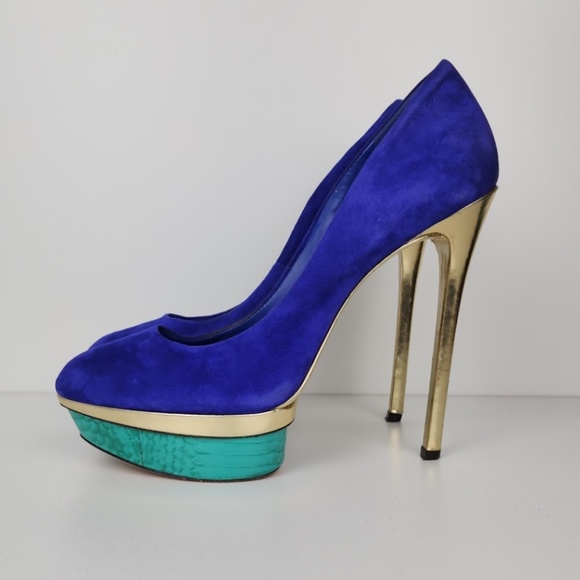 B Brian Atwood Purple Gold Teal Suede Platform Stiletto Size 10 - Picture 2 of 10